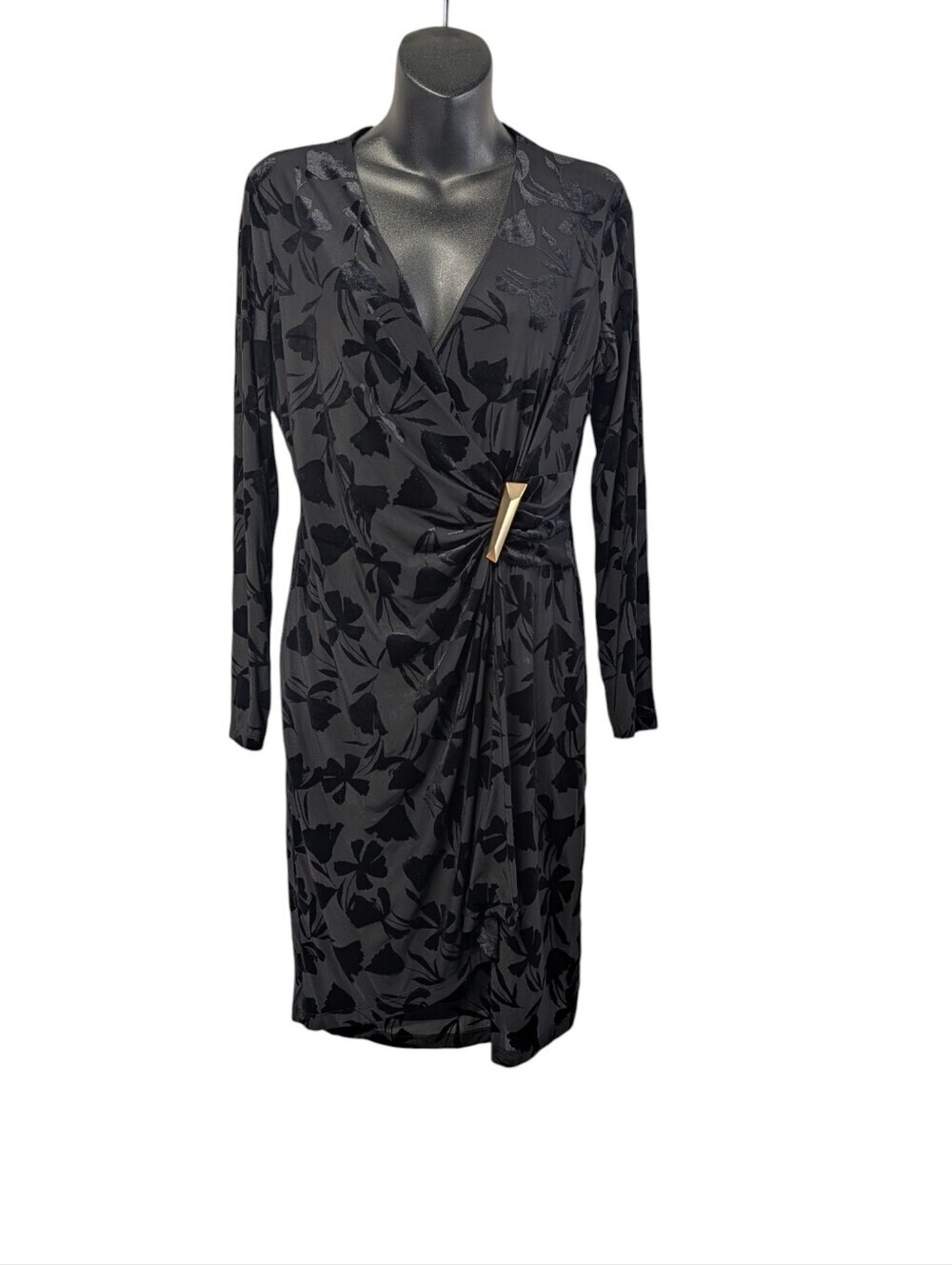 Calvin Klein Black Floral Burnout Velvet Long Sleeve Dress Gold Buckle Size 8